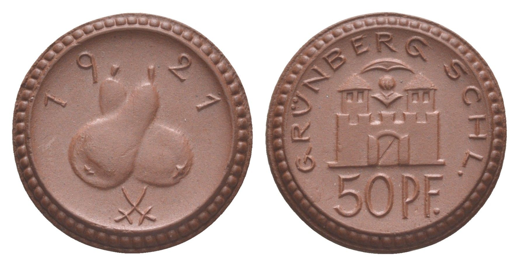 Грюнберг 50 пфеннигов 1921 Men05 9888.2, Men18 12320.2, Scheuch 137a фарфор 1094-10-22