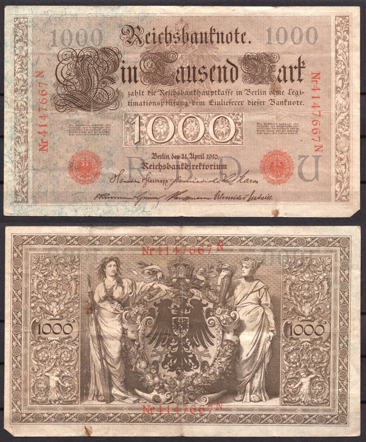 Германия 1000 марок 1910 Берлин,N; аллегорические фигуры («Мореплавание» и «Земледелие»), герб Pick 44 b бумага 7547-86-2-2