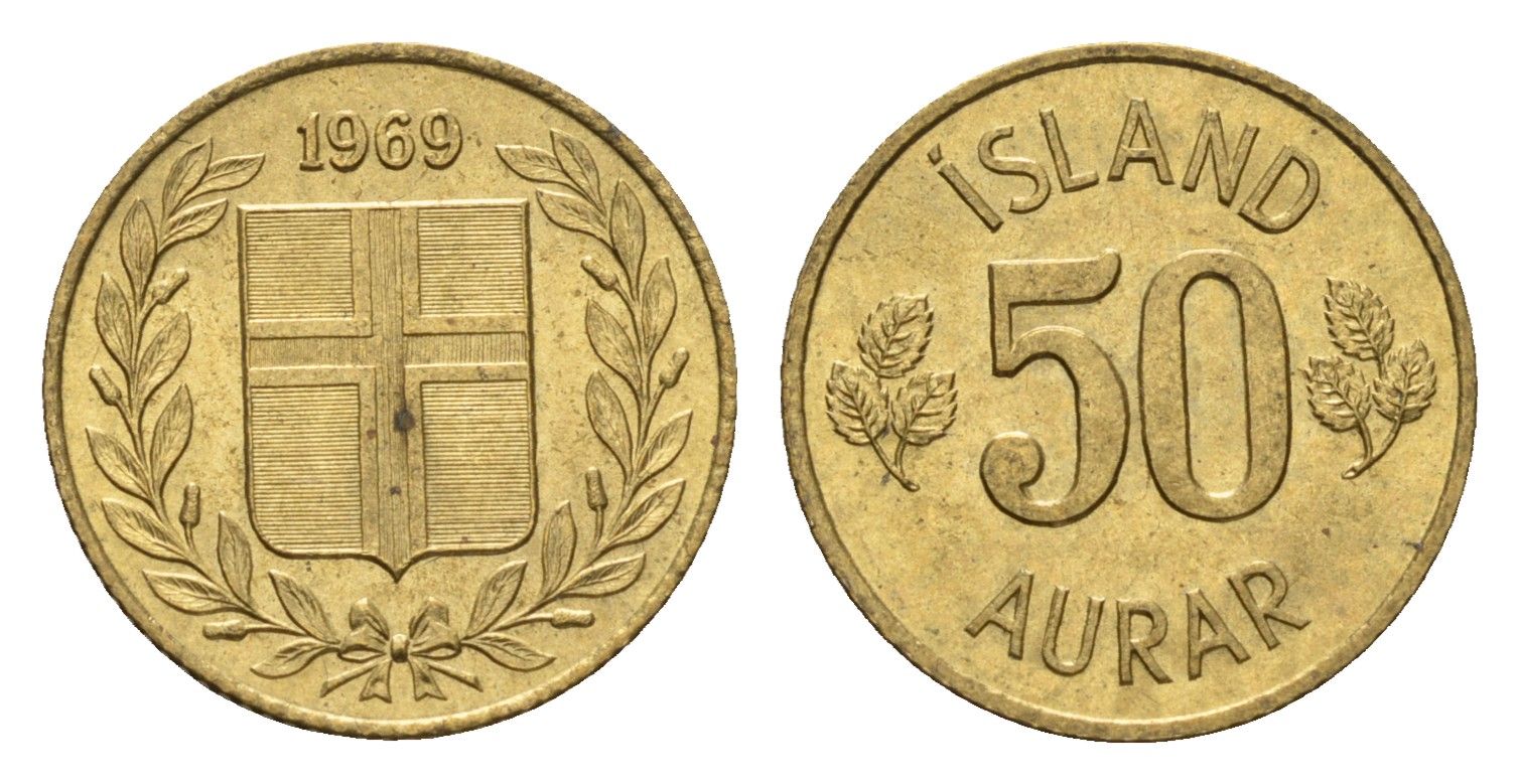 Исландия 50 эйре 1969 KM 17 никель латунь UNC 4690-553