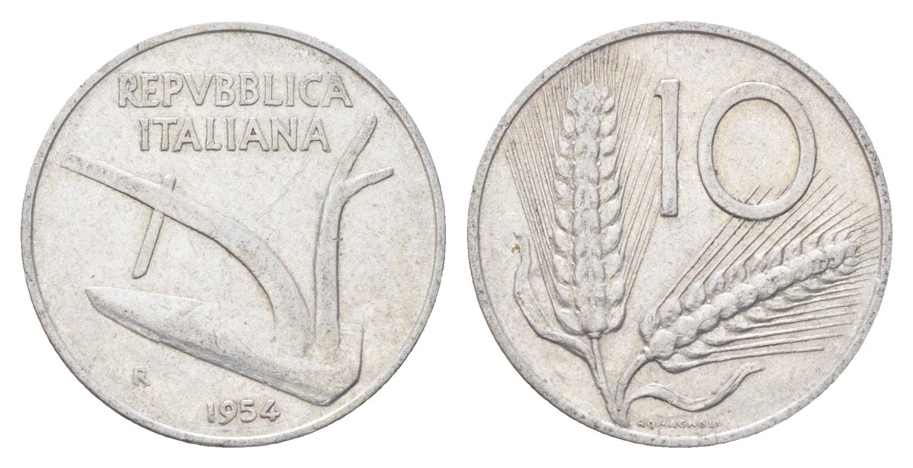 Италия 10 лир 1954 R, плуг, колосья KM 93 алюминий 4704-527