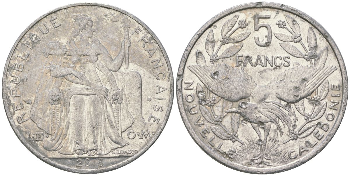 Французская Новая Каледония 5 франков 2013 птица кагу, (IEOM) KM 16, Schoen 12, Lec 81k алюминий 4117-116