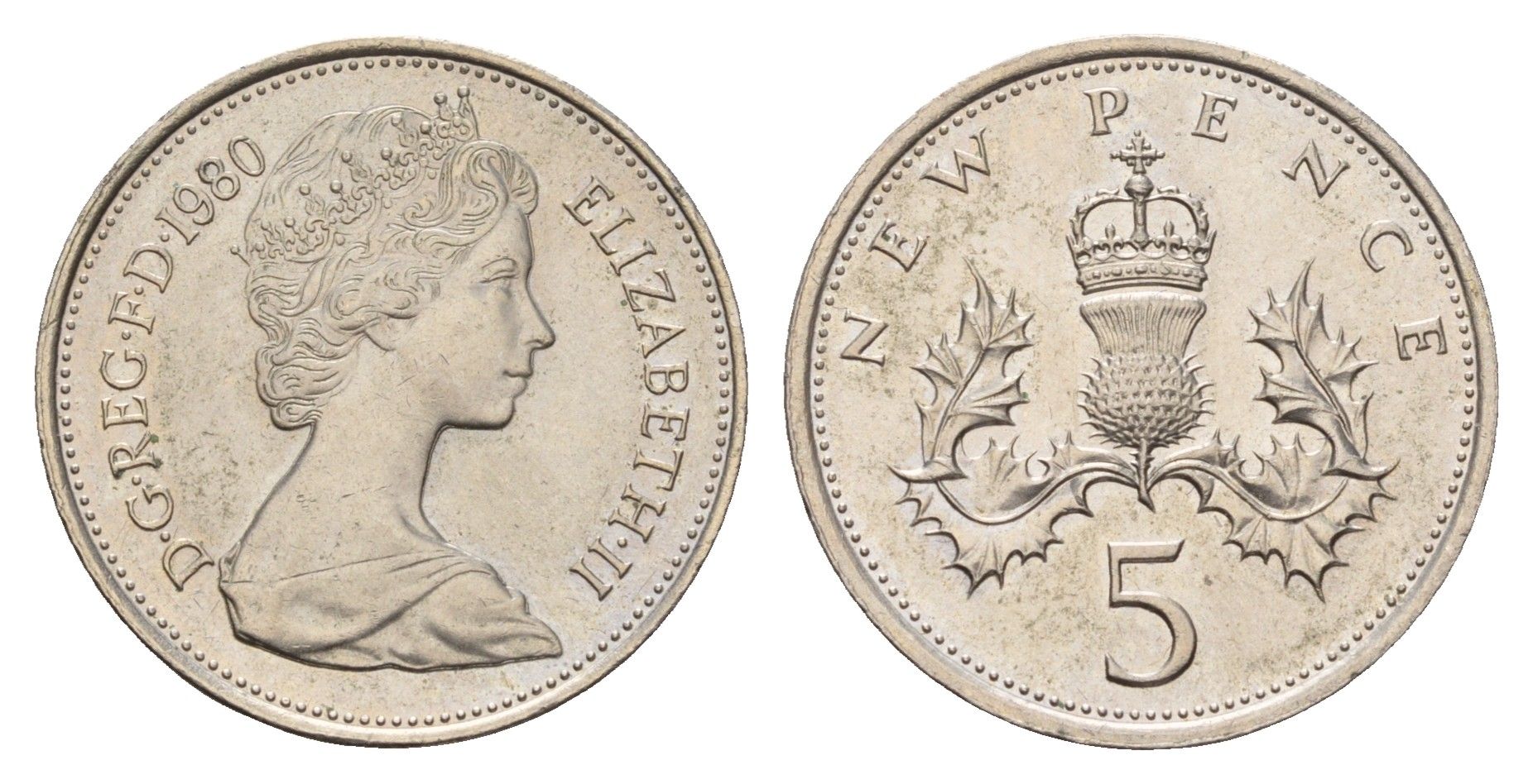 Великобритания 5 новых пенсов 1980 Елизавета II (1952-2022) KM 911, Spink 4233 (D1) медно-никель UNC 3996-825