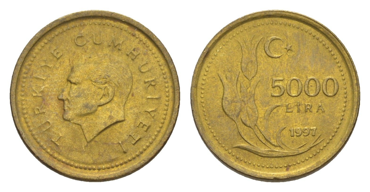 Турция 5000 лир 1997 Кемаль Ататюрк KM 1029.1 латунь UNC 4647-646