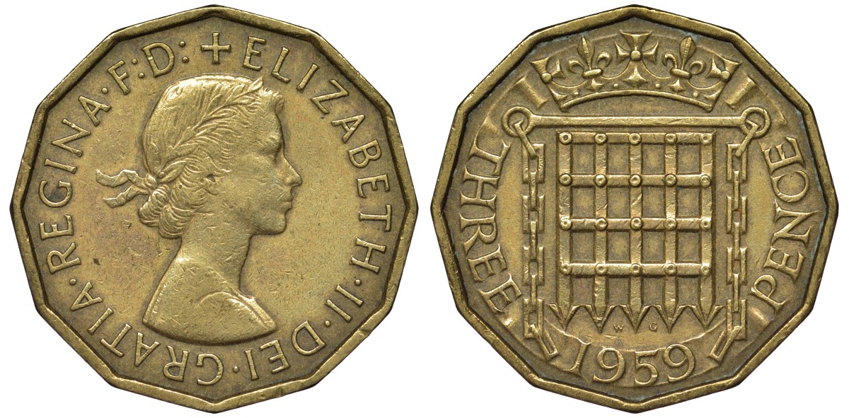 Великобритания 3 пенса 1959 Елизавета II (1952-2022) KM 900, Spink 4153 никель латунь 4122-933