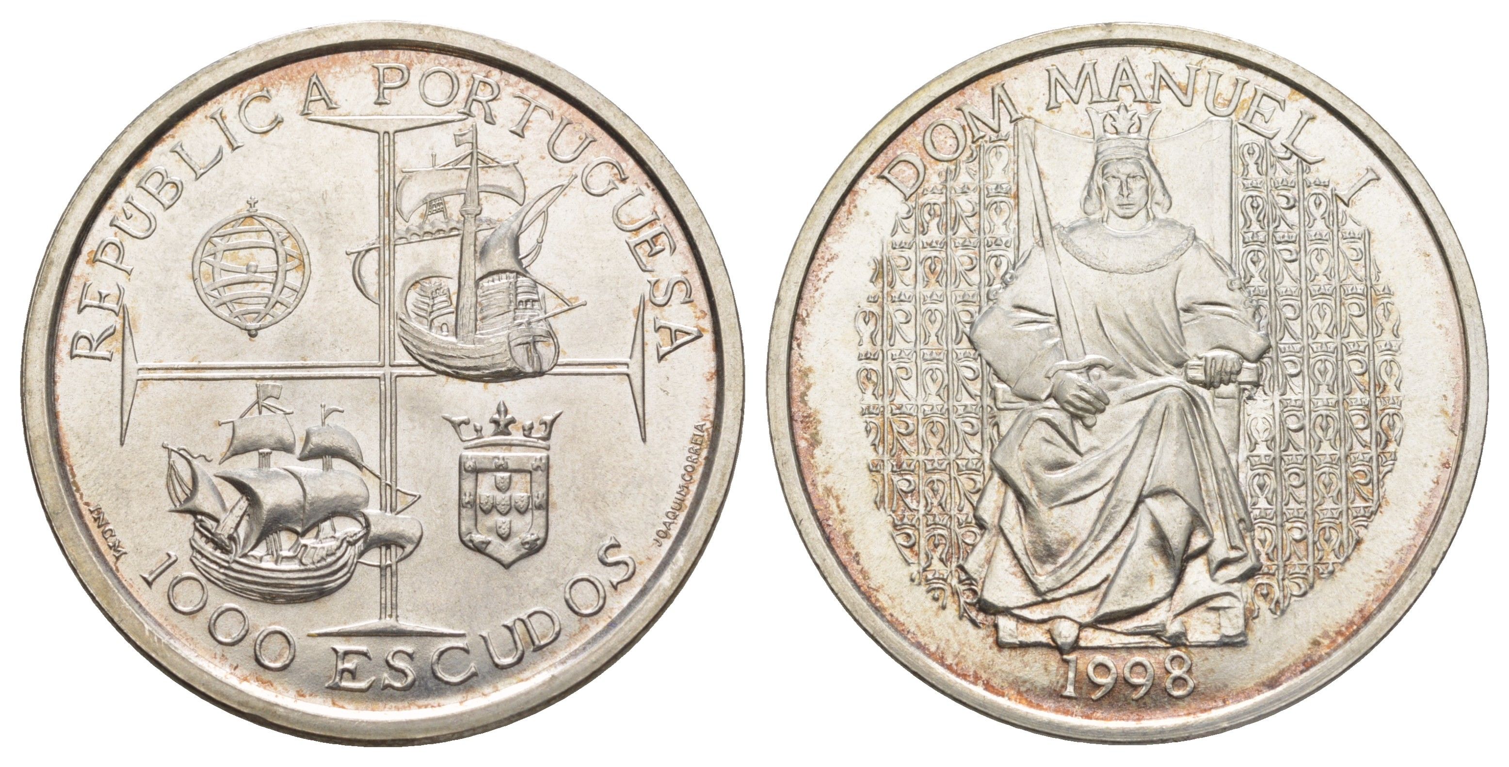 Португалия 1000 эскудо 1998 Король Мануэл I KM 713 серебро BU 1088-3-21