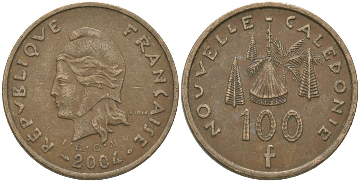 Французская Новая Каледония 100 франков 2004 хижина среди сосен и пальм, (IEOM) KM 15, Schoen 16, Lec 139h никель бронза 111-121