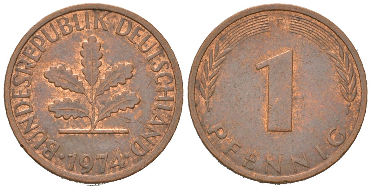 ФРГ 1 пфенниг 1974 F KM 105, J. 380 сталь плакированная медью 4147-155