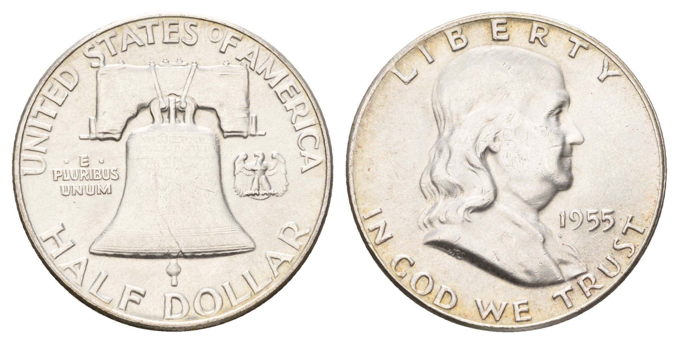 США 1/2 доллара (50 центов) 1955 Бенджамин Франклин, колокол KM 199 серебро aUNC 1530-511