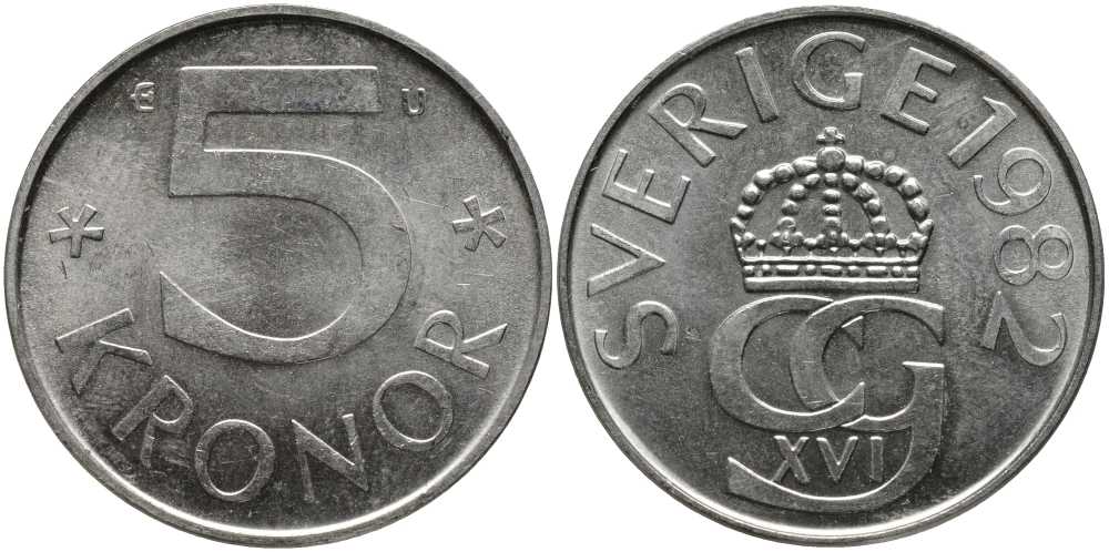 Швеция 5 крон 1982 U, Карл XVI Густав (1973- ) КМ 853 медно-никель 180-644