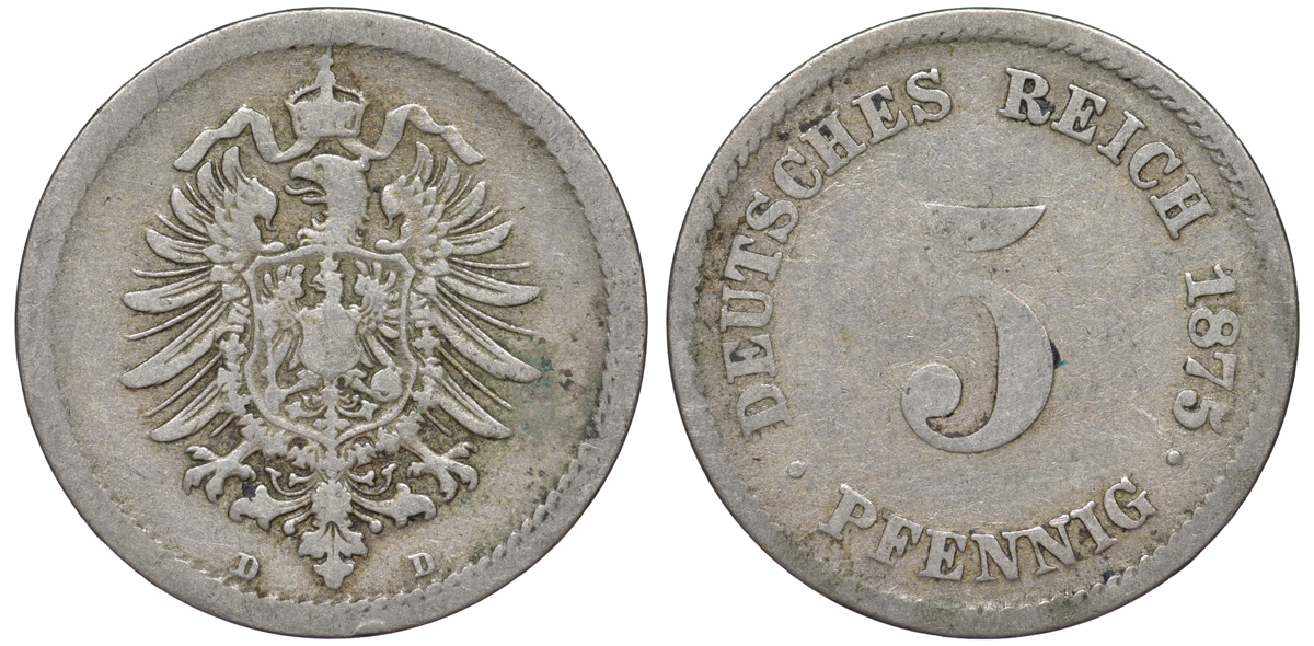 ГЕРМАНИЯ 5 ПФЕННИГОВ 1875 D, СТАРОГЕРБОВКА KM 3, J.3 медно-никель 45-466