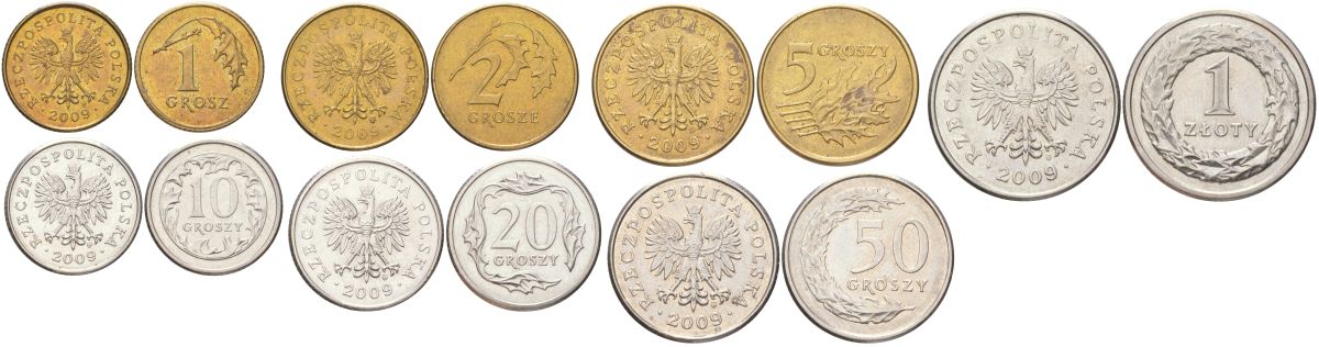 Польша годовой набор из 7 монет (1, 2, 5, 10, 20 и 50 грошей; 1 злотый) 2009 MW Y 276, 277, 278, 279, 280, 281 и 282 UNC 4614-231-237