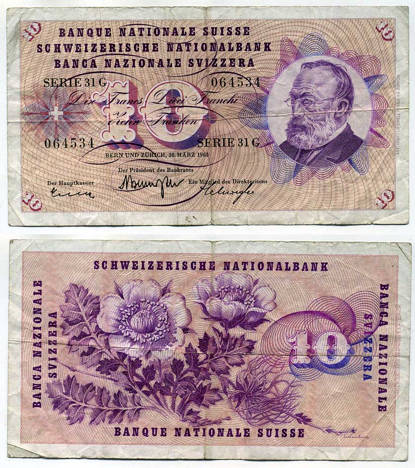 Швейцария 10 франков 1963 Brenno Galli - Schwegler - Kunz Готфрид Келлер Pick 45 h (1) бумага 8564-24-2-2