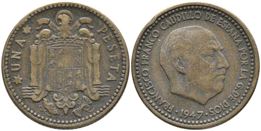 ИСПАНИЯ 1 ПЕСЕТА 1947 ФРАНСИСКО ФРАНКО ДИКТАТОР ИСПАНИИ (1939-1975) KM 775 алюминиевая бронза 110-1115