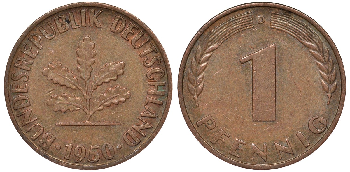 ФРГ 1 пфенниг 1950 D KM 105 сталь плакированная медью 4164-125