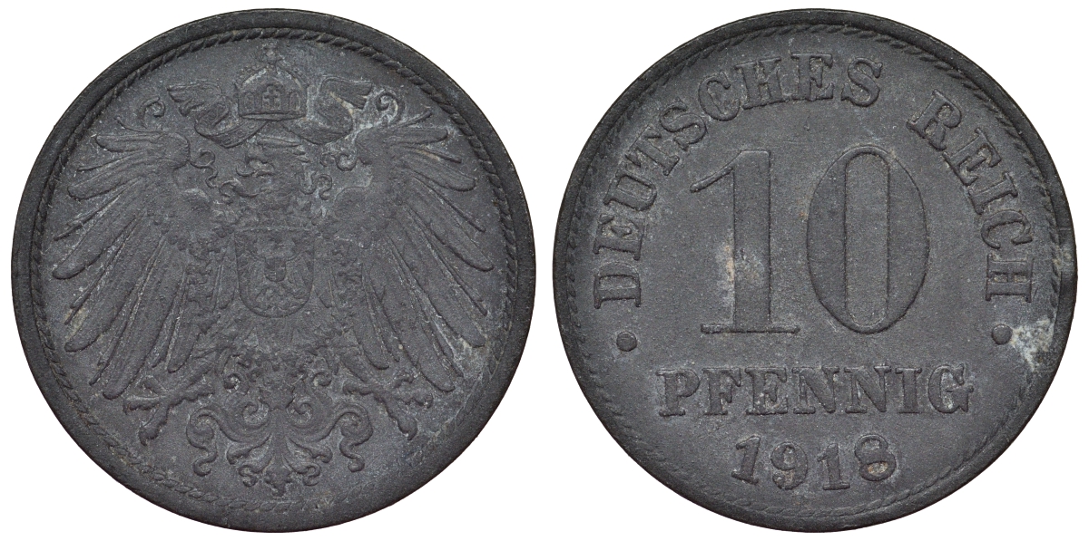 Германия 10 пфеннигов 1918 KM 26, J. 299, Weege 8 цинк 4119-421
