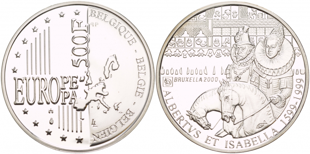 Бельгия 500 франков 1999 Альберт и Изабелла, миллениум KM 212 серебро PROOF 1088-4-43
