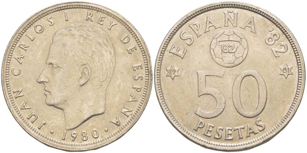 Испания 50 песет 1980 (80) чемпионат мира по футболу в Испании 1982 года, Хуан Карлос I (1975-) KM 819 медно-никель 4403-421
