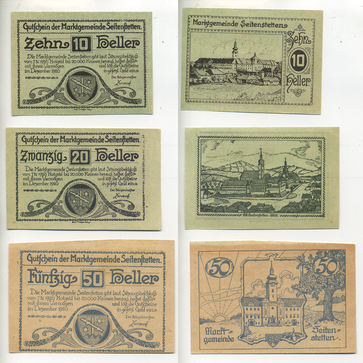 Австрия набор из 3 банкнот 1920 7 июня 1920- декабрь 1920, нотгельд, 10, 20, 50 геллеров, SEITENSTETTEN   бумага  XF 7555-5-2-2