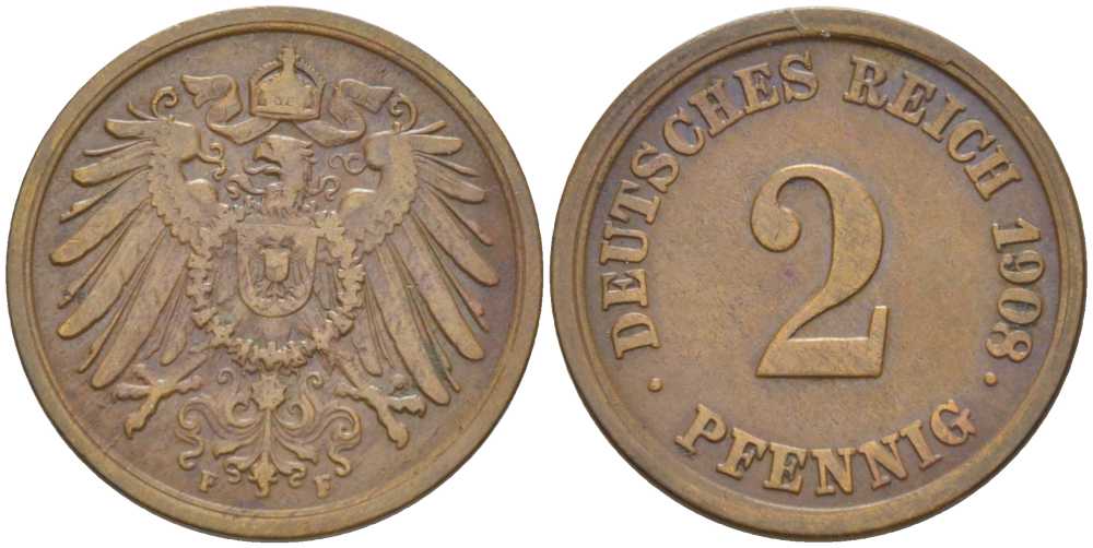 ГЕРМАНИЯ 2 ПФЕННИГА 1908 F KM 16, J. 11, Weege 4 медь 206-548