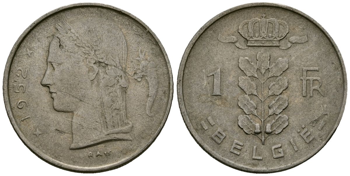 Бельгия 1 франк 1952 Belgie, Бодуэн I (1951-1993) KM 143.1 медно-никель 4172-535