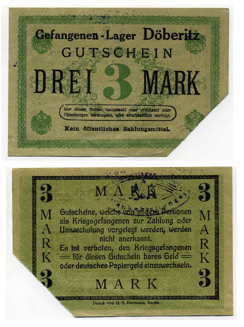 ГЕРМАНИЯ 3 МАРКИ ND ЛАГЕРЬ ВОЕННОПЛЕННЫХ В ДЁБЕРИЦЕ C-2895 бумага UNC (пресс) 000-00-00