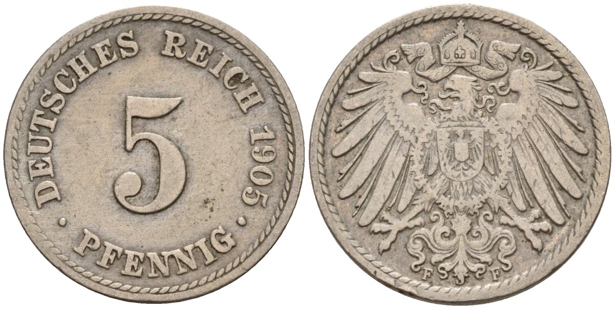 Германия 5 пфеннигов 1905 F KM 11, J. 12 медно-никель 4151-912