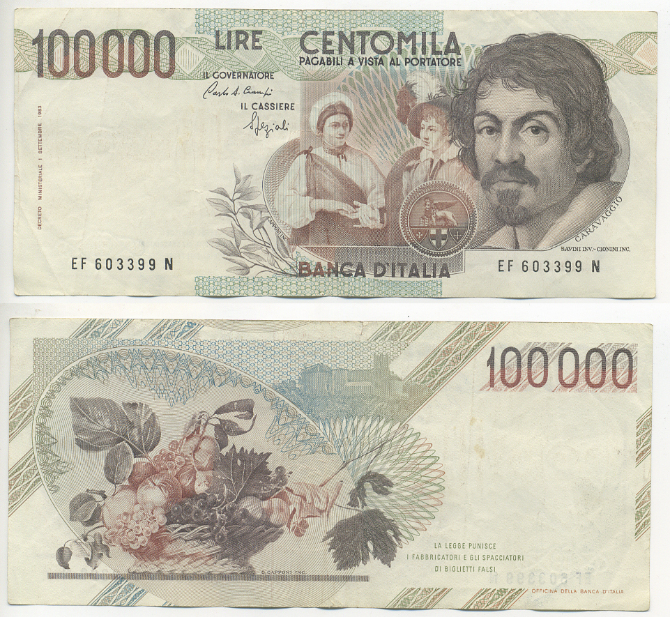 Италия 100000 лир 1983 Караваджо, фруктовый букет, подпись Speziali Pick 110b бумага 7220-20-3