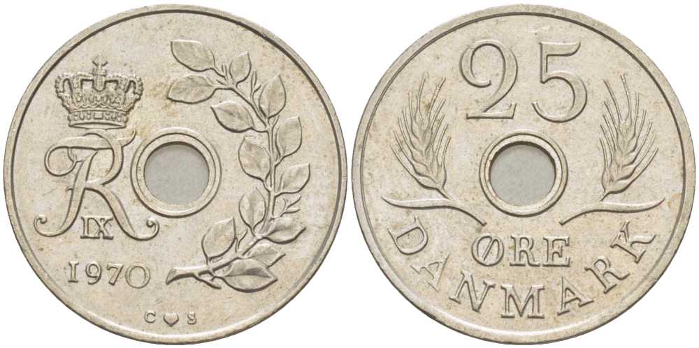 ДАНИЯ 25 ЭРЕ 1970 С; S, ФРЕДЕРИК IX (1947-1972) KM 855.1 медно-никель 94-457