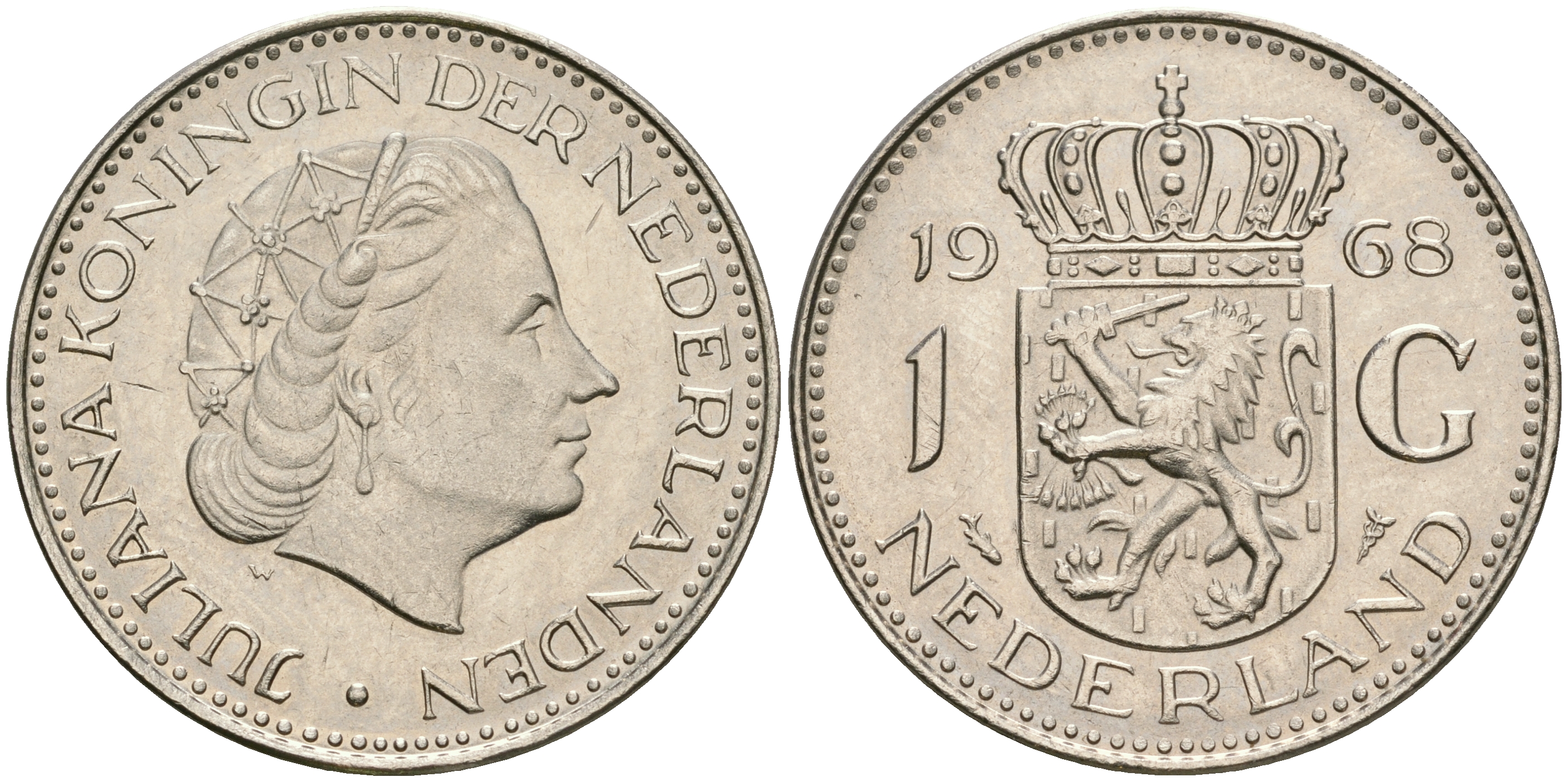 Нидерланды 1 гульден 1968 Юлиана (1948-1980) KM 184a никель UNC 08-927