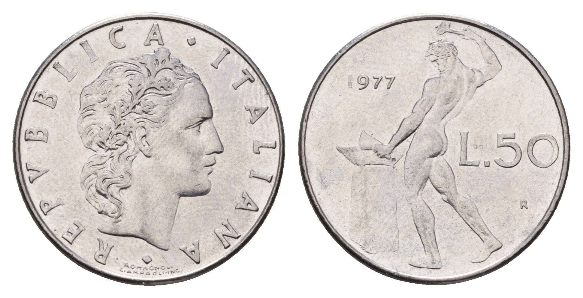 Италия 50 лир 1977 R, Бог огня Вулкан у наковальни KM 95.1 нержавеющая сталь 4119-613