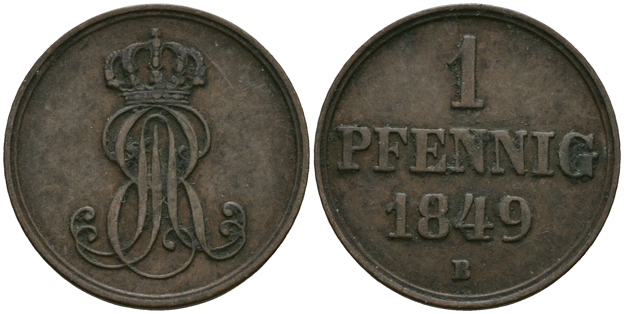 Ганновер 1 пфенниг 1849 B, Эрнст Август (1837-1851) KM 201.1, AKS 129, J. 74 медь 4608-1027