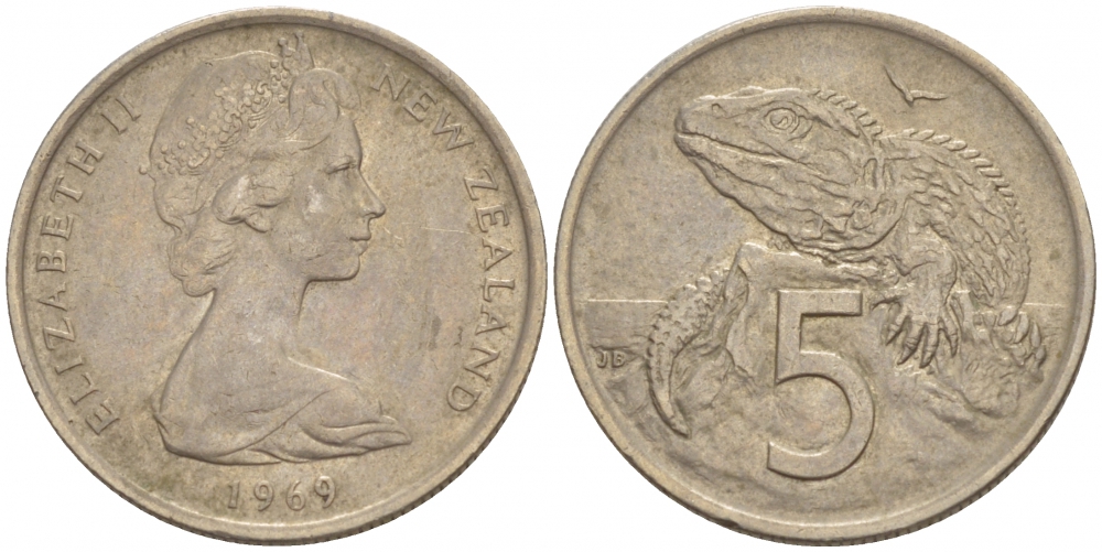 Новая Зеландия 5 центов 1969 Елизавета II (1952-2022), ящерица гаттерия KM 34.1 медно-никель 4528-851