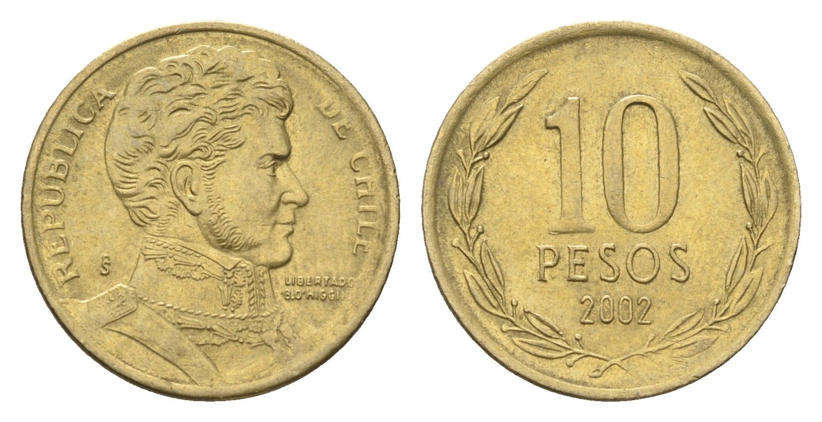 Чили 10 песо 2002 KM 228 никель латунь 4664-435