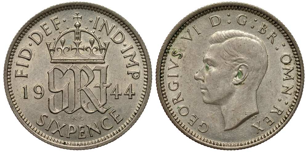 Великобритания 6 пенсов 1944 Георг VI (1936-1952) KM 852, Spink 4084 серебро 201-321
