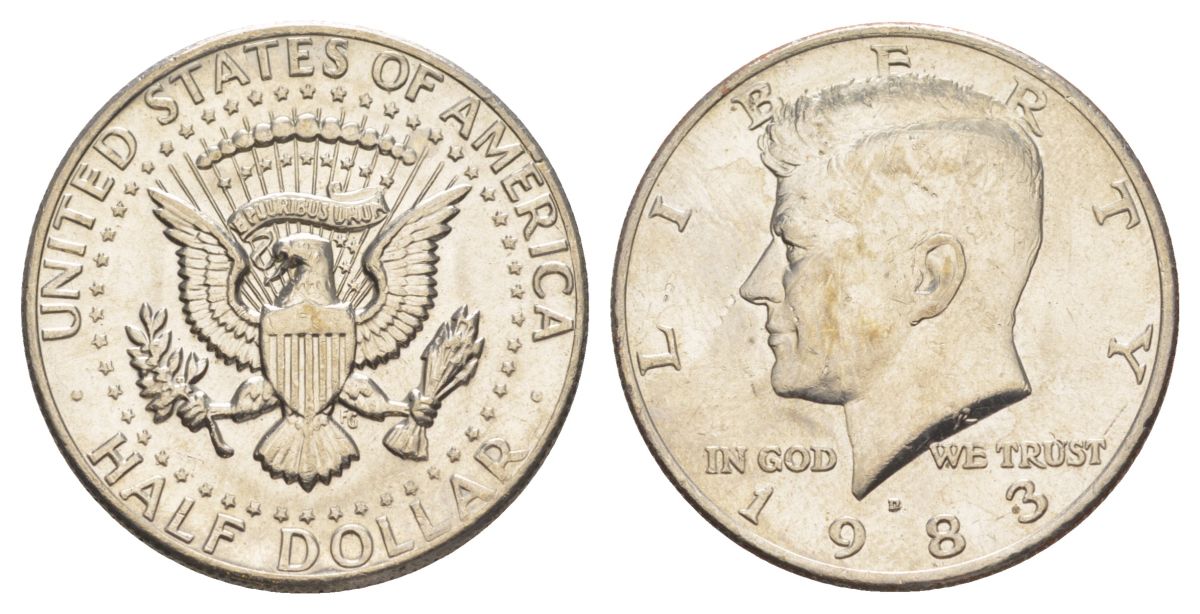 США 1/2 доллара (50 центов) 1983 D, Джон Кеннеди KM A202b медь плакированная медно-никелем aUNC 180-745