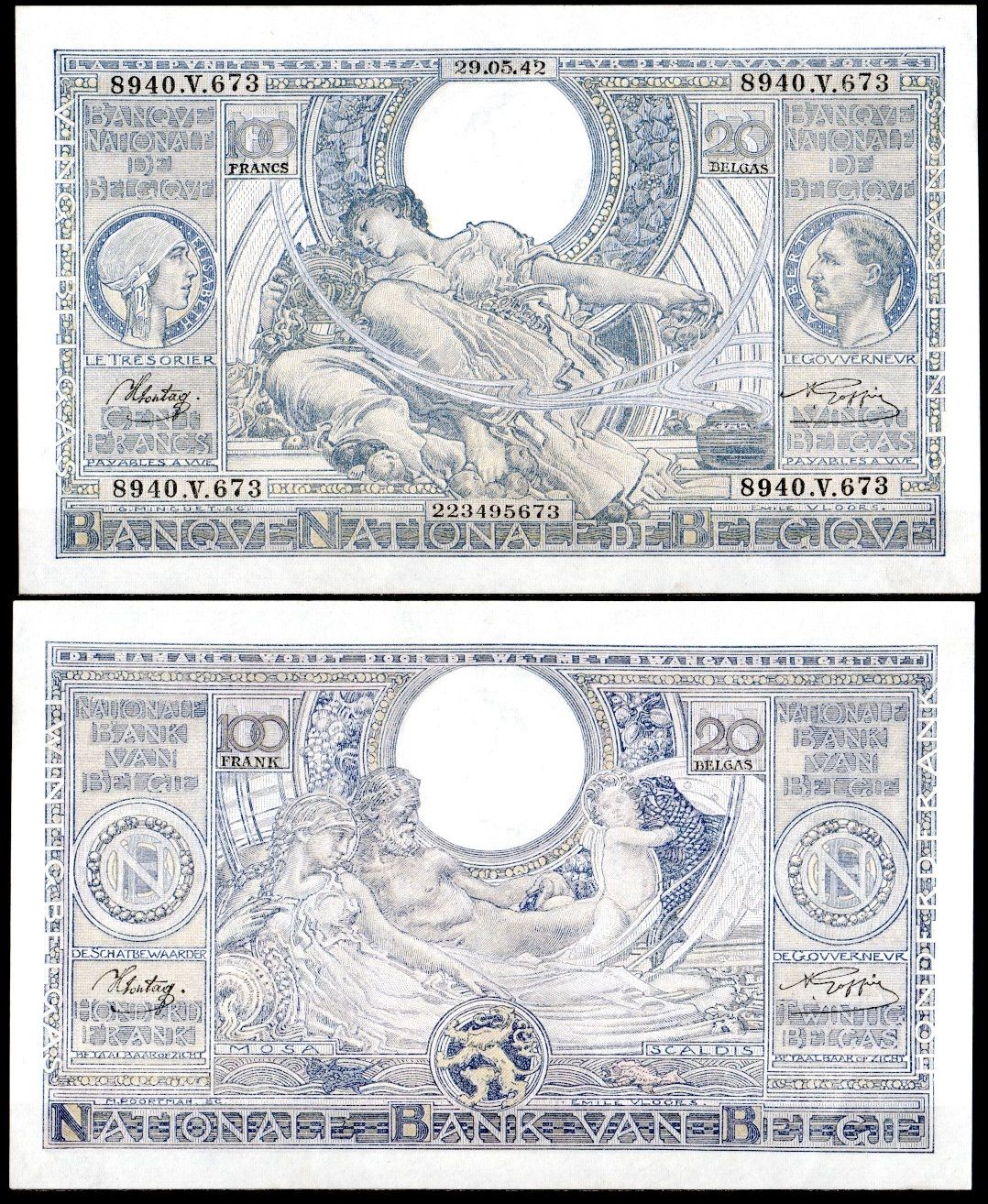 Бельгия 100 франков 1942 Pick 112 бумага 7457-62-1-1