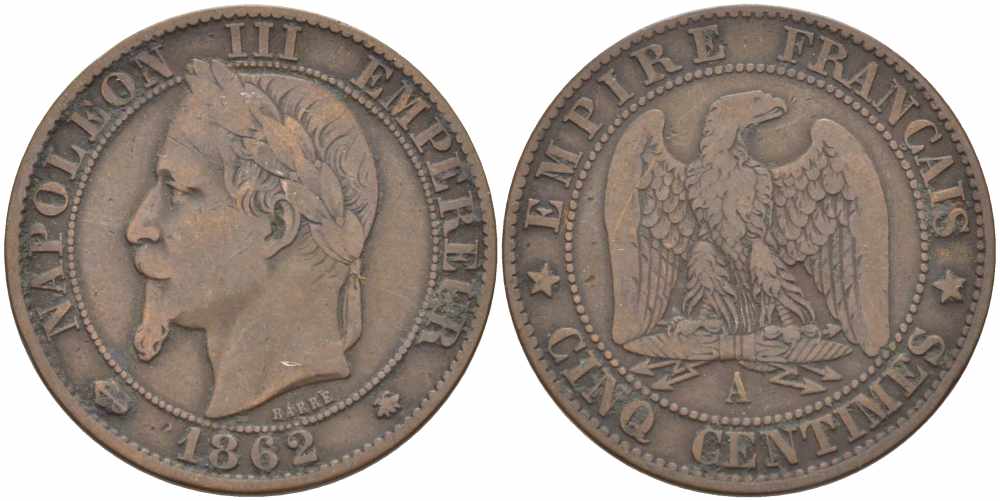 ФРАНЦИЯ 5 САНТИМОВ 1862 A, НАПОЛЕОН III (1852-1870) KM 797.1, LE FRANC 117.5 бронза 108-517