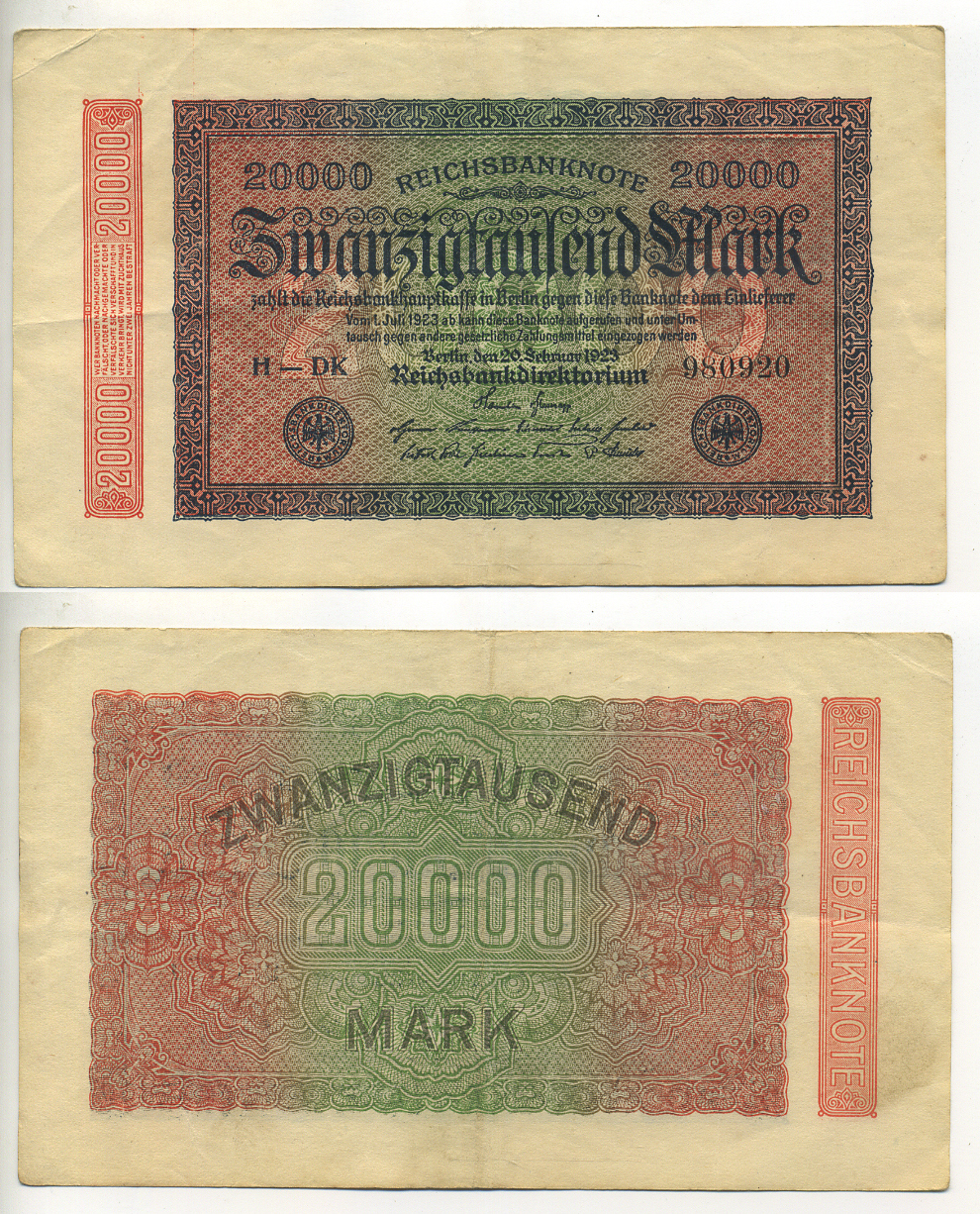 ГЕРМАНИЯ 20000 МАРОК 1923 20 ФЕВРАЛЯ 1923, ВОДЯНОЙ ЗНАК Е, В ЗВЁЗДАХ G/D Pick 85b бумага 7552-52-1