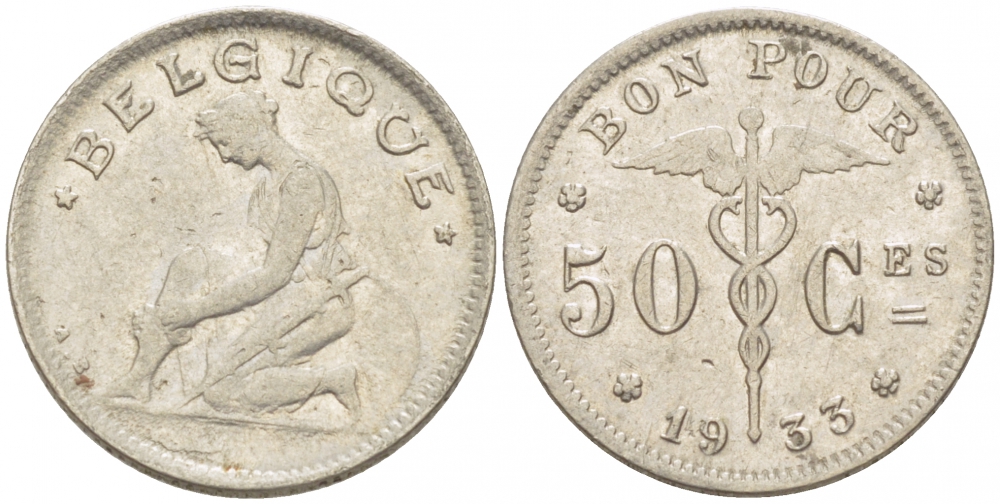 БЕЛЬГИЯ 50 САНТИМОВ 1933 BELGIQUE KM 87 никель 261-1639
