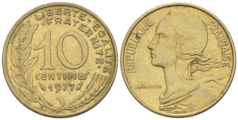 Франция 10 сантимов 1977 KM 929 медь алюминий никель 4576-966