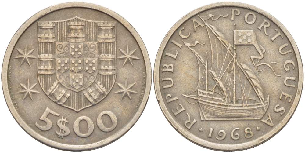 ПОРТУГАЛИЯ 5 ЭСКУДО 1968 ПАРУСНИК KM 591 медно-никель 4523-542