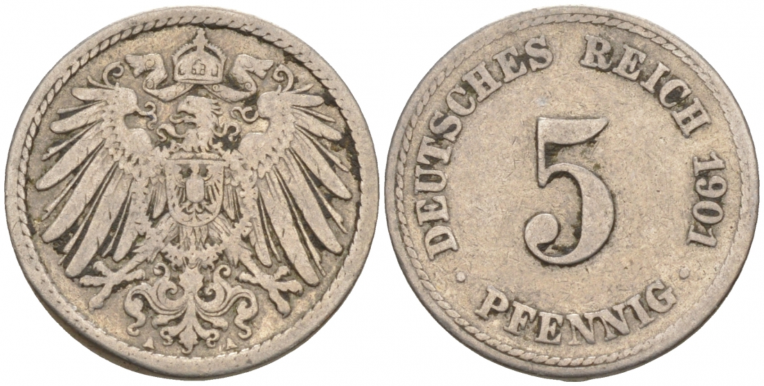 ГЕРМАНИЯ 5 ПФЕННИГОВ 1901 A, KM 11, J. 12 медно-никель 73-1511
