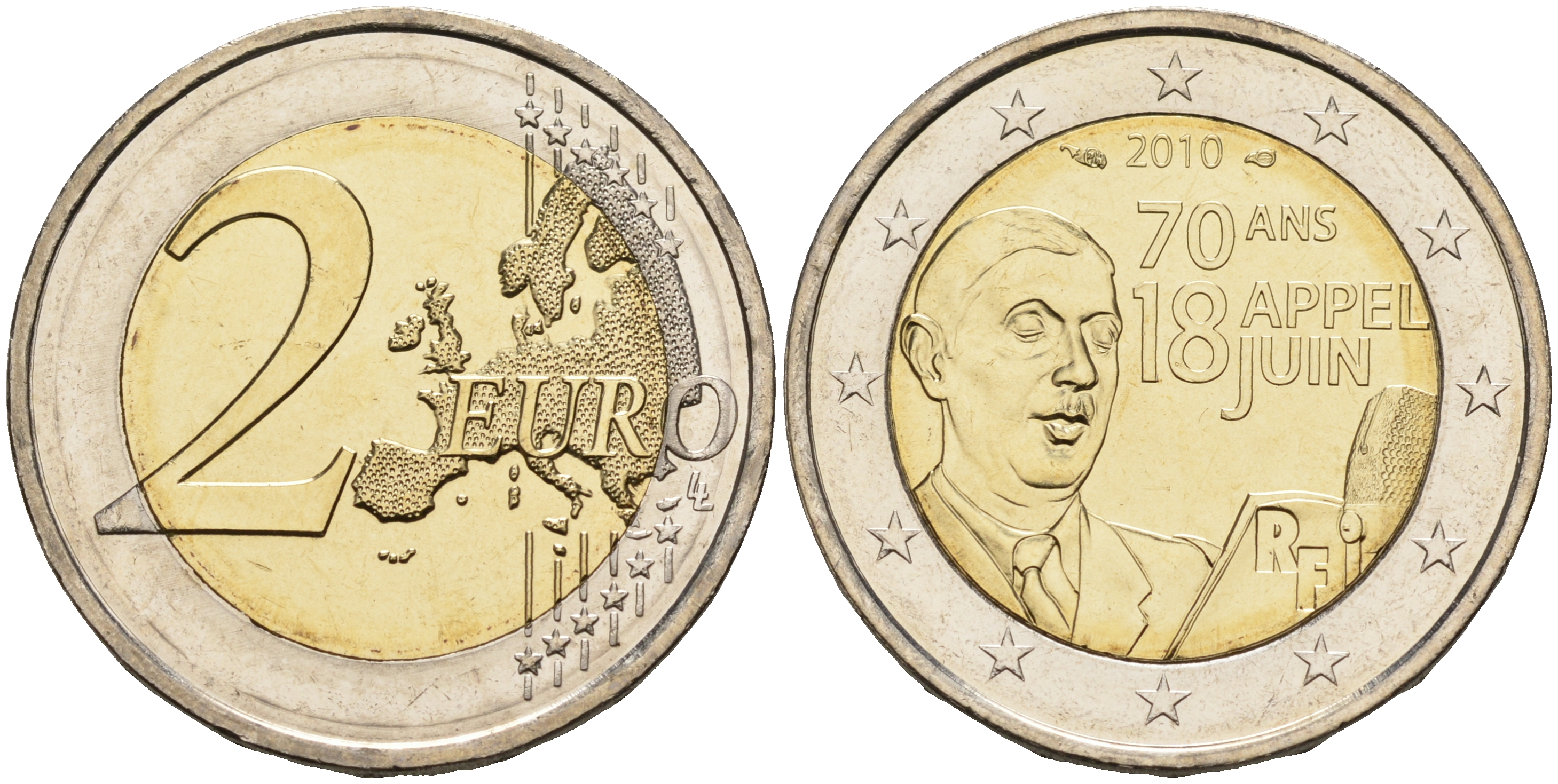 Франция 2 евро 2010 70 лет речи Шарля де Голля "Ко всем французам" KM 1676 биметалл UNC 1094-1-64