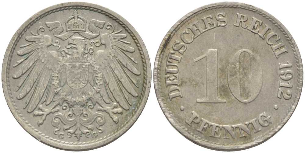 ГЕРМАНИЯ 10 ПФЕННИГОВ 1912 G KM 12, J. 13 медно-никель 33-613