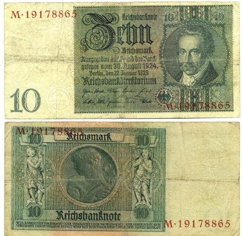 ГЕРМАНИЯ 10 РЕЙХСМАРОК 1929 Pick 180a бумага 3295-64-1