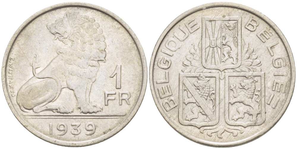 Бельгия 1 франк 1939 Леопольд III (1934-1950), Belgique-Belgie, лев KM 119 никель 210-1111