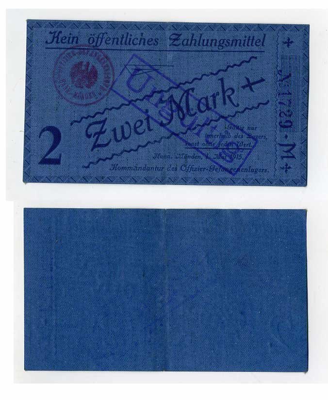 Германия 2 марки 1916 Ганновер, Мюнден, лагерь военнопленных офицеров, перфорация C-3084, Tieste 345.11 пластик 504-42-2-2