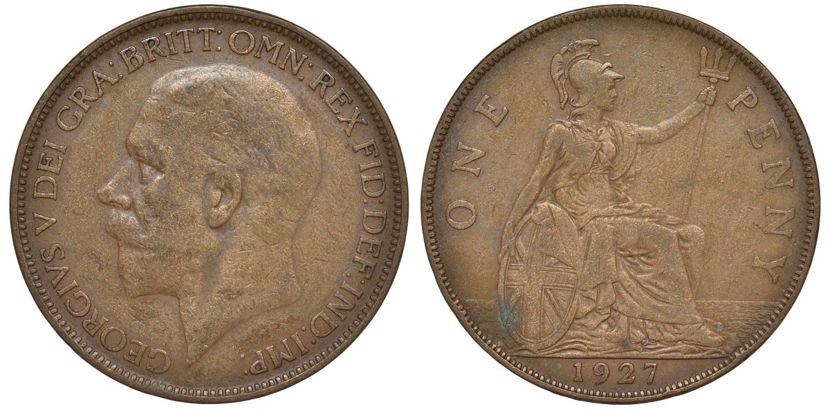 Великобритания 1 пенни 1927 Георг V (1910-1936) KM 826, Spink 4054 бронза 4123-1015
