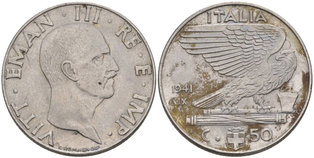 ИТАЛИЯ 50 ЧЕНТЕЗИМО 1941 R, ГОД XIX, ВИКТОР ЭММАНУИЛ III (1900-1946) KM 76b, VEM3. 1063 нержавеющая сталь 3853-416