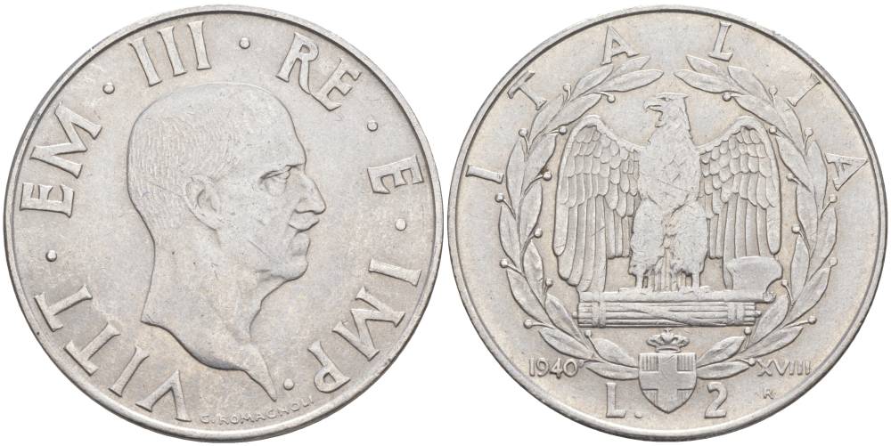 ИТАЛИЯ 2 ЛИРЫ 1940 R, ГОД XVIII, ВИКТОР ЭММАНУИЛ III (1900-1946), МАГНИТНАЯ, ГУРТ РИФЛЁНЫЙ KM 78b, VEM3. 1154 нержавеющая сталь 3855-312